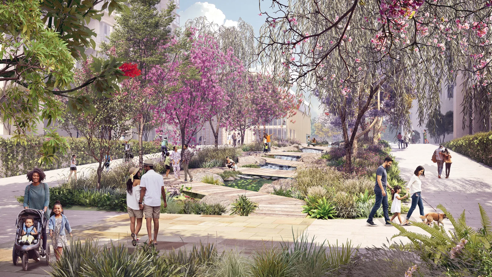 The Central Spine with water features and planted gardens at Nikoo Homes 8