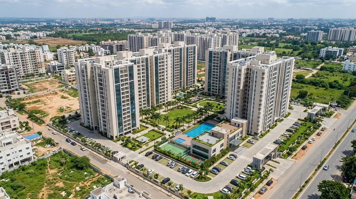 Aerial view of Nikoo Homes 8 towers and Central Spine at Thanisandra