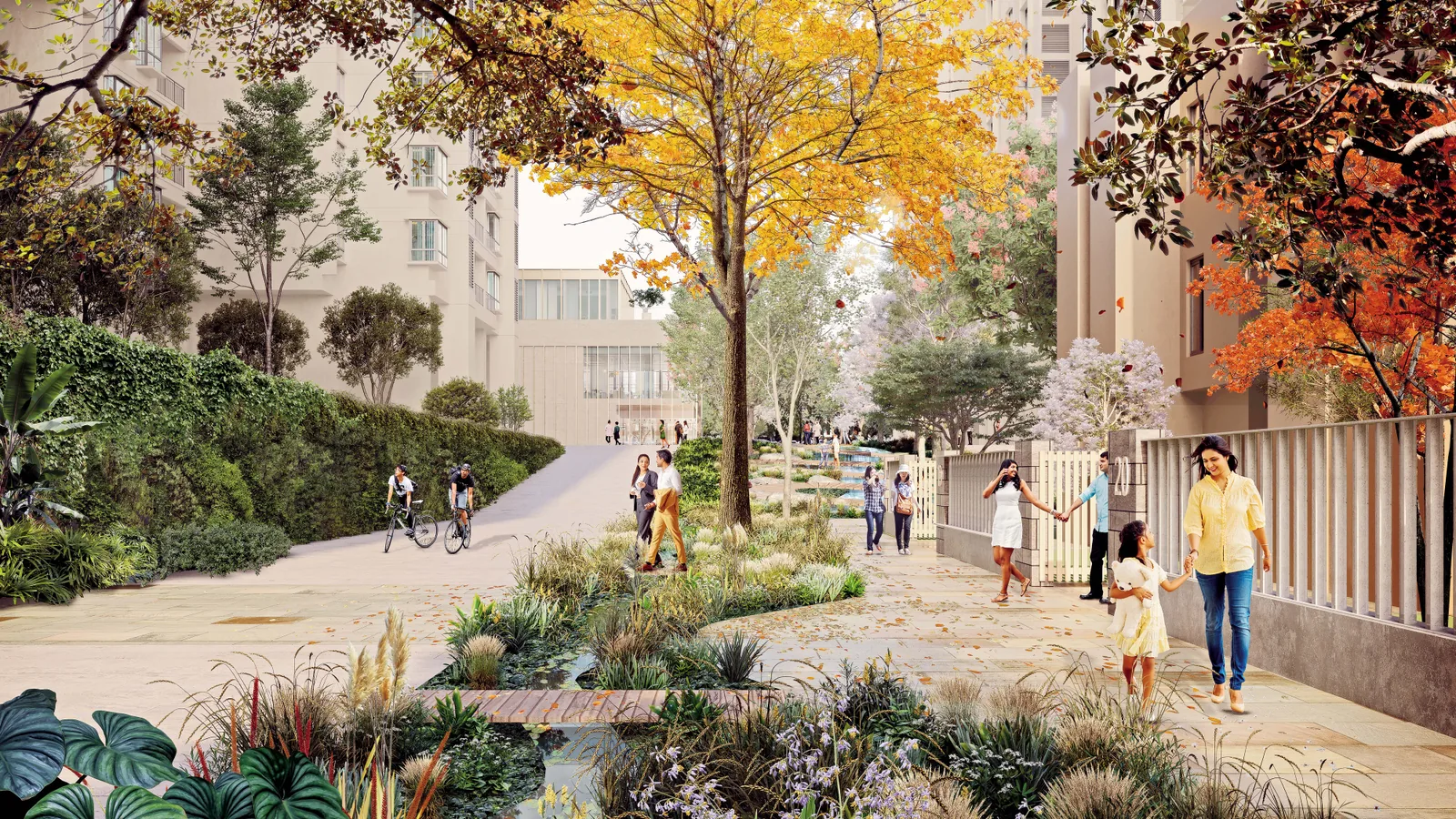 Car-free pedestrian walkways between the towers at Nikoo Homes 8
