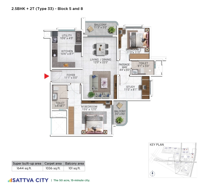 Nikoo Homes 8 2 BHK + Study floor plan layout