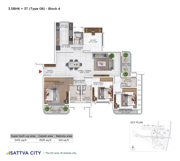 Nikoo Homes 8 3 BHK + Study (Luxe) floor plan layout