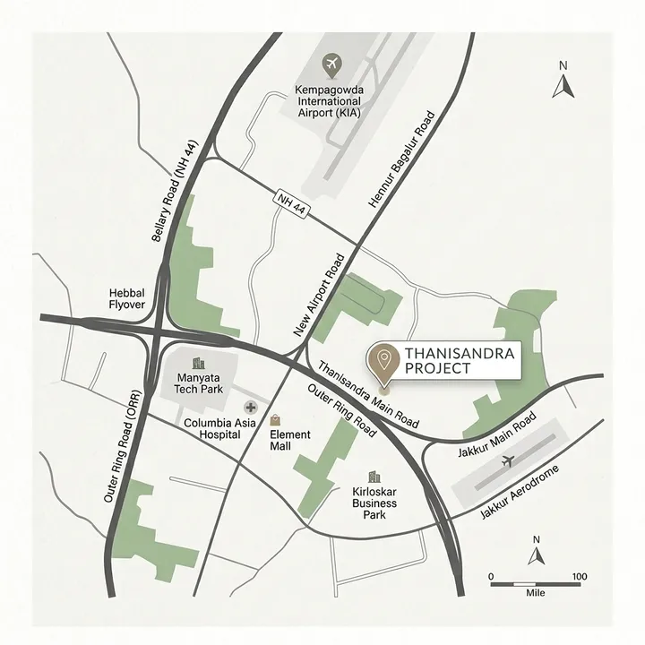 Nikoo Homes 8 location map on Thanisandra Main Road, Bellahalli, North Bangalore